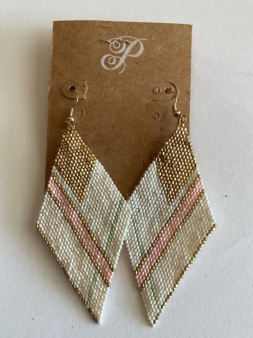 Plunder Gold, Pink & Cream Beaded‎ Diamond Drop Earrings